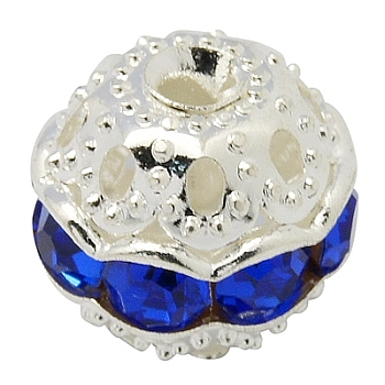 Brass Rhinestone Beads, Grade A, Round, Silver Color Plated, Dark Blue, Size: about 10mm in diameter, hole: 1.2mm