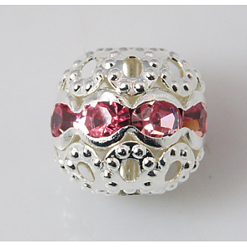 Brass Rhinestone Beads, Grade A, Round, Silver Color Plated, Pink, Size: about 10mm in diameter, hole: 1.2mm