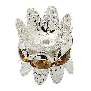 Brass Rhinestone Bead Caps, Cap Spacer, Flower, Silver Color Plated, Goldenrod, Size: about 8mm in diameter, 9mm thick, hole: 0.8mm