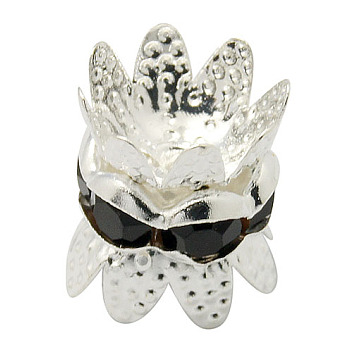 Brass Rhinestone Bead Caps, Cap Spacer, Flower, Silver Color Plated, Black, Size: about 8mm in diameter, 9mm thick, hole: 0.8mm