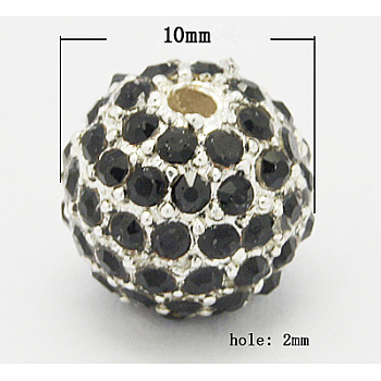 Alloy Beads, with Rhinestones, Grade A, Round, Silver Color Plated, Black, Size: about 10mm in diameter hole: 2mm