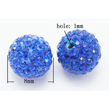 Grade A Rhinestone Pave Disco Ball Beads, for Unisex Jewelry Making, Round, Sapphire, 8mm, Hole: 1mm