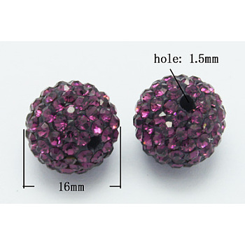 Grade A Rhinestone Pave Disco Ball Beads, for Unisex Jewelry Making, Round, Amethyst, 16mm, Hole: 1.5mm