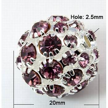 Brass Rhinestone Beads, Grade A, Round, Dark Violet, 20mm, Hole: 2.5mm