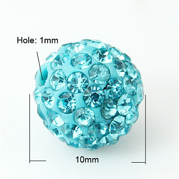 Pave Disco Ball Beads, Polymer Clay Rhinestone Beads, Grade A, Aquamarine, PP13(1.9~2mm), 10mm, Hole: 1mm