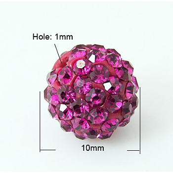 Pave Disco Ball Beads, Polymer Clay Rhinestone Beads, Grade A, Fuchsia, PP13(1.9~2mm), 10mm, Hole: 1mm