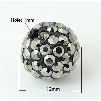 Pave Disco Ball Beads, Polymer Clay Rhinestone Beads, Grade A, Jet Hematite, PP13(1.9~2mm), 12mm, Hole: 1mm