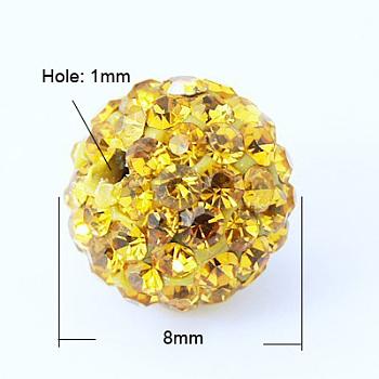 Pave Disco Ball Beads, Polymer Clay Rhinestone Beads, Grade A, Topaz, PP11(1.7~1.8mm), 8mm, Hole: 1mm