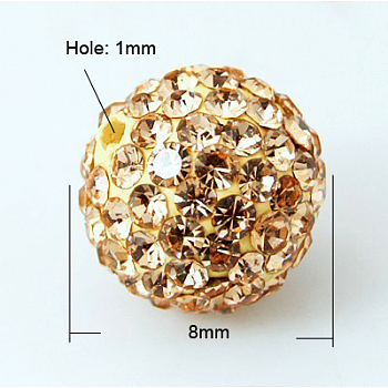 Pave Disco Ball Beads, Polymer Clay Rhinestone Beads, Grade A, Light Peach, PP11(1.7~1.8mm), 8mm, Hole: 1mm