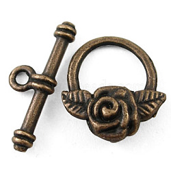 Tibetan Style Toggle Clasps, Lead Free & Cadmium Free & Nickel Free, Red Copper, Flower: 18x19mm, Bar: 4x24mm, Hole: 2mm(RLF0026Y-NF)