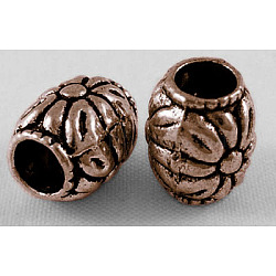 Tibetan Style Alloy Beads, Cadmium Free & Lead Free, Barrel with Flower, Red Copper, 8.5x10.5mm, Hole: 4.5mm(RLF0855Y)