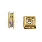 Brass Rhinestone Spacer Beads, Grade A, Square, Nickel Free, Golden Plated, Crystal AB, 5mmx5mmx2.5mm, hole: 1mm(RSB071NF-02G)