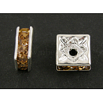 Brass Rhinestone Spacer Beads, Grade A, Square, Nickel Free, Silver, Light Colorado Topaz, 5x5x2.5mm, Hole: 1mm(RSB071NF-05S)