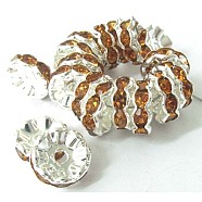 Rhinestone Spacer Beads, Brass, Rondelle, Silver Color Plated, 10mm, hole: about 1.5mm(RSB010C17)