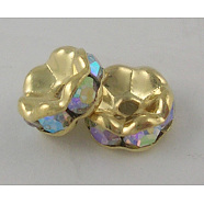 Brass Rhinestone Spacer Beads, Beads, Grade A, Clear AB, with AB Color Rhinestone, Golden Metal Color, Nickel Free, Size: about 6mm in diameter, 3mm thick, hole: 1mm(RSB028NF-02G)