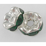 Brass Rhinestone Spacer Beads, Grade A, Emerald Rhinestone, Silver Color Plated, Nickel Free, about 6mm in diameter, 3mm thick, hole: 1mm(RSB028NF-12)