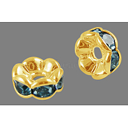 Brass Rhinestone Spacer Beads, Grade A, Rondelle, Golden and Nickel Free, Blue, about 6mm in diameter, 3mm thick, hole: 1mm(RSB028NF-13G)