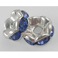 Brass Rhinestone Spacer Beads, Beads, Grade A, Lt. Sapphire Rhinestone, Silver Color Plated, Nickel Free, about 6mm in diameter, 3mm thick, hole: 1mm(RSB028NF-14)