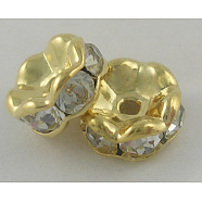 Middle East Rhinestone Spacer Beads, Clear, Brass, Golden, Nickel Free, about 7mm in diameter, 3.2mm thick, hole: 1mm(RSB029NF-01G)