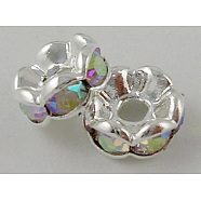 Brass Rhinestone Spacer Beads, Grade A, AB Color, Nickel Free, Clear AB, Silver Color Plated, about 7mm in diameter, 3.2mm thick, hole: 1mm(RSB029NF-02)