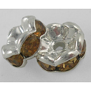 Brass Rhinestone Spacer Beads, Grade A, Goldenrod Rhinestone, Silver Color, Nickel Free, about 8mm in diameter, 3.8mm thick, hole: 1.5mm(RSB030NF-05)