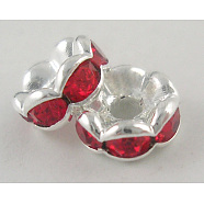 Brass Rhinestone Spacer Beads, Grade A, Red Rhinestone, Silver Color Plated, Nickel Free, about 8mm in diameter, 3.8mm thick, hole: 1.5mm(RSB030NF-08)