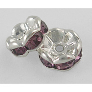 Brass Rhinestone Spacer Beads, Grade A, Lt. Amethyst Rhinestone, Silver Color Plated, Nickel Free, about 8mm in diameter, 3.8mm thick, hole: 1.5mm(RSB030NF-16)