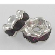 Brass Rhinestone Spacer Beads, Grade A, Amethyst Rhinestone, Silver Color Plated, Nickel Free, about 8mm in diameter, 3.8mm thick, hole: 1.5mm(RSB030NF-17)