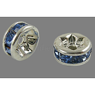 Brass Grade A Rhinestone Spacer Beads, Silver Color Plated, Nickel Free, Light Sapphire, 4x2mm, Hole: 0.8mm(RSB034NF-14)