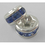Brass Grade A Rhinestone Spacer Beads, Silver Color Plated, Nickel Free, Light Sapphire, 5x2.5mm, Hole: 1mm(RSB035NF-14)