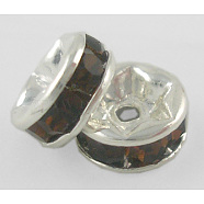 Brass Grade A Rhinestone Spacer Beads, Silver Color Plated, Nickel Free, Smoked Topaz, 6x3mm, Hole: 1mm(RSB036NF-06)