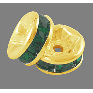Brass Grade A Rhinestone Spacer Beads, Golden Plated, Rondelle, Nickel Free, Emerald, 6x3mm, Hole: 1mm(RSB036NF-12G)