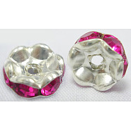 Brass Rhinestone Spacer Beads, Grade A, Nickel Free, Rondelle, Silver Color Plated, Fuchsia, about 6mm in diameter, hole: about 1mm(RSB04C04)