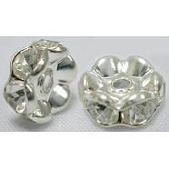Brass Rhinestone Spacer Beads, Grade A, Rondelle, Silver Color Plated, Clear, Size: about 8mm in diameter, hole:1.5mm(RSB06C14)