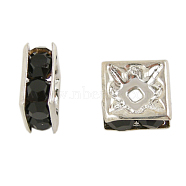 Rhinestone Spacer Beads, Square, Nickel Free, Black, Silver Color Plated, 5mmx5mmx2.5mm, hole: 1mm(RSB071NF-04S)