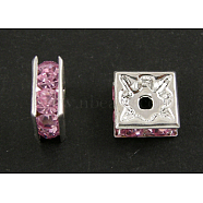 Brass Rhinestone Spacer Beads, Grade A, Square, Nickel Free, Pink, Silver Color Plated, 5mmx5mmx2.5mm, hole: 1mm(RSB071NF-07S)