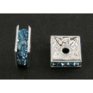 Brass Rhinestone Spacer Beads, Square, Nickel Free, Cyan, Silver Color Plated, 6mmx6mmx3mm, hole: 1mm(RSB072-13S)
