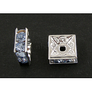 Brass Rhinestone Spacer Beads, Square, Nickel Free, Sky Blue, Silver Color Plated, 6mmx6mmx3mm, hole: 1mm(RSB072-14S)