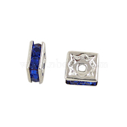 Brass Rhinestone Spacer Beads, Beads, Square, Nickel Free, Sapphire, Silver Color Plated, 6mmx6mmx3mm, hole: 1mm(RSB072-15S)
