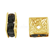 Brass Rhinestone Spacer Beads, Square, Golden, Jet, 8x8x4mm, Hole: 1mm(RSB074NF-04G)