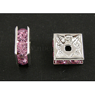 Rhinestone Spacer Beads, Square, Nickel Free, Pink, Silver Color Plated, 8x8x4mm, Hole: 1mm(RSB074NF-07S)