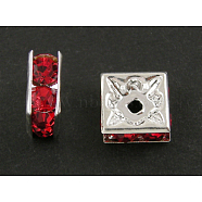 Brass Rhinestone Spacer Beads, Square, Nickel Free, Red, Silver Plated, 8x8x4mm, Hole: 1mm(RSB074NF-08S)