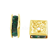Brass Rhinestone Spacer Beads, Square, Golden, Green, 8x8x4mm, Hole: 1mm(RSB074NF-12G)