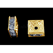 Brass Rhinestone Spacer Beads, Square, Nickel Free, Golden, Sky Blue, 8x8x4mm, Hole: 1mm(RSB074NF-14G)