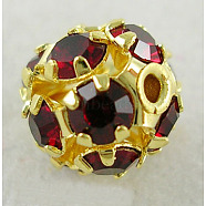 Brass Rhinestone Beads, Round, Golden, 12 Facets, Red, about 8mm in diameter, hole: 1.5mm(RSB10C05)