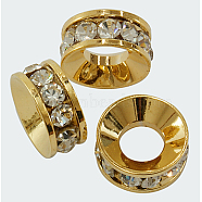 Brass Rhinestone Spacer Beads, Grade A, Rondelle, Golden, about 12mm in diameter, 5mm thick, hole: 6mm(RSB301-G)