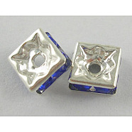 Brass Rhinestone Spacer Beads, Grade A, Square, Blue, Silver Color Plated, about 6mm long, 6mm wide, 2.8mm thick, hole: 1mm(RSB6mmC04)
