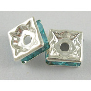 Brass Rhinestone Spacer Beads, Grade A, Square, Cyan, Silver Metal Color, about 6mm long, 6mm wide, 2.8mm thick, hole: 1mm(RSB6mmC11)