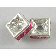 Brass Rhinestone Spacer Beads, Grade A, Square, Fuchsia, Silver Metal Color, about 6mm long, 6mm wide, 2.8mm thick, hole: 1mm(RSB6mmC35)