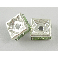 Brass Rhinestone Spacer Beads, Grade A, Square, Lt.Green, Silver Color Plated, about 6mm long, 6mm wide, 2.8mm thick, hole: 1mm(RSB6mmC40)